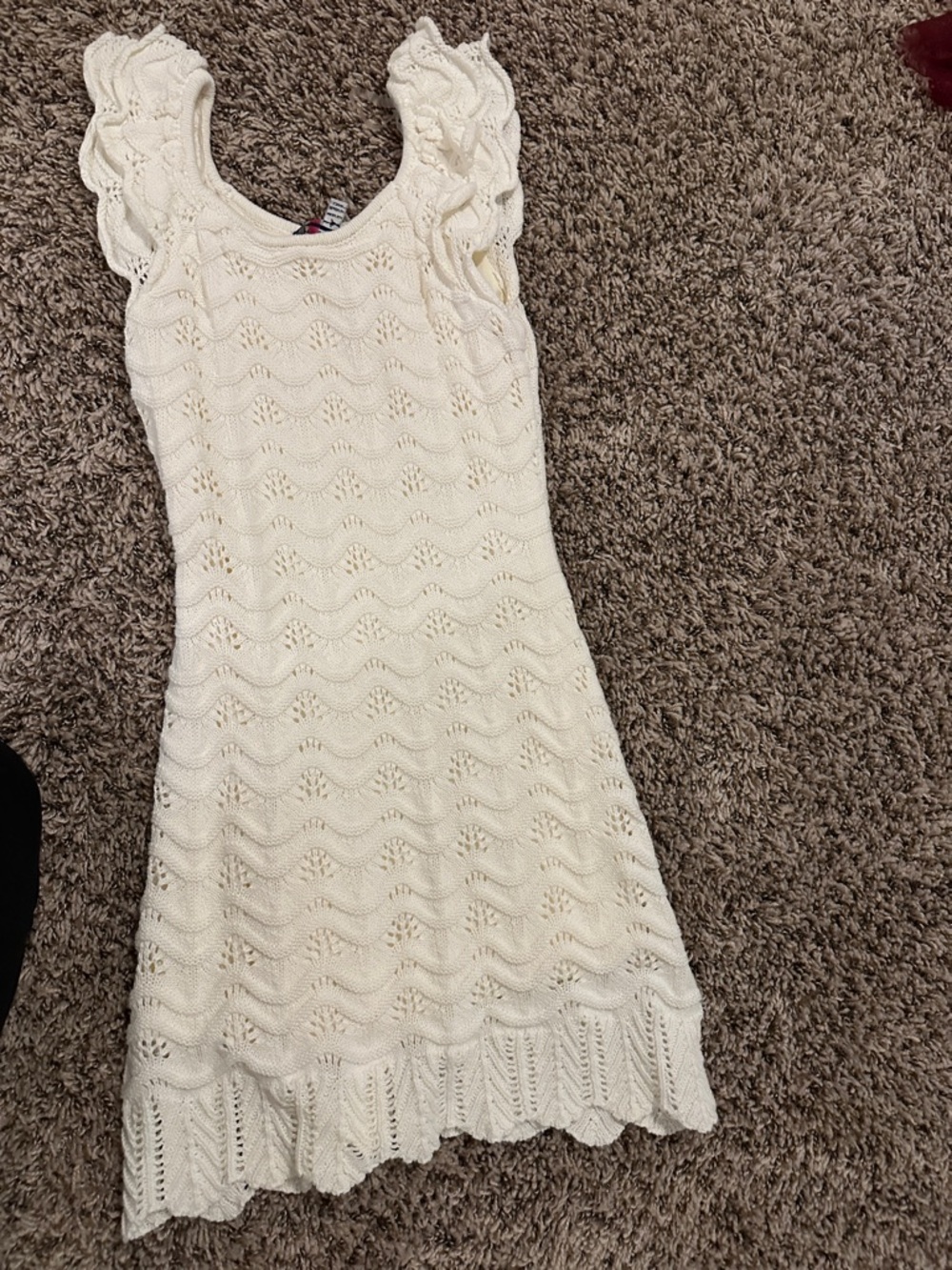 Freshman Cream Knit Ruffle-Shoulder A-Line Dress